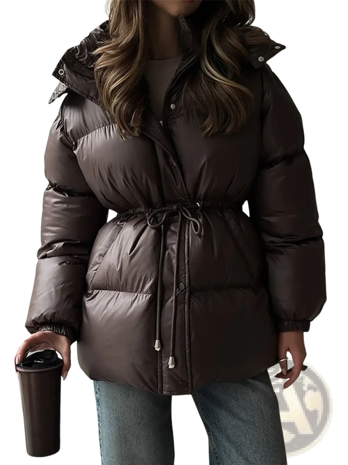 Women hooded winter parka puffer jacket in sleek dark brown with quilted design and drawstring waist