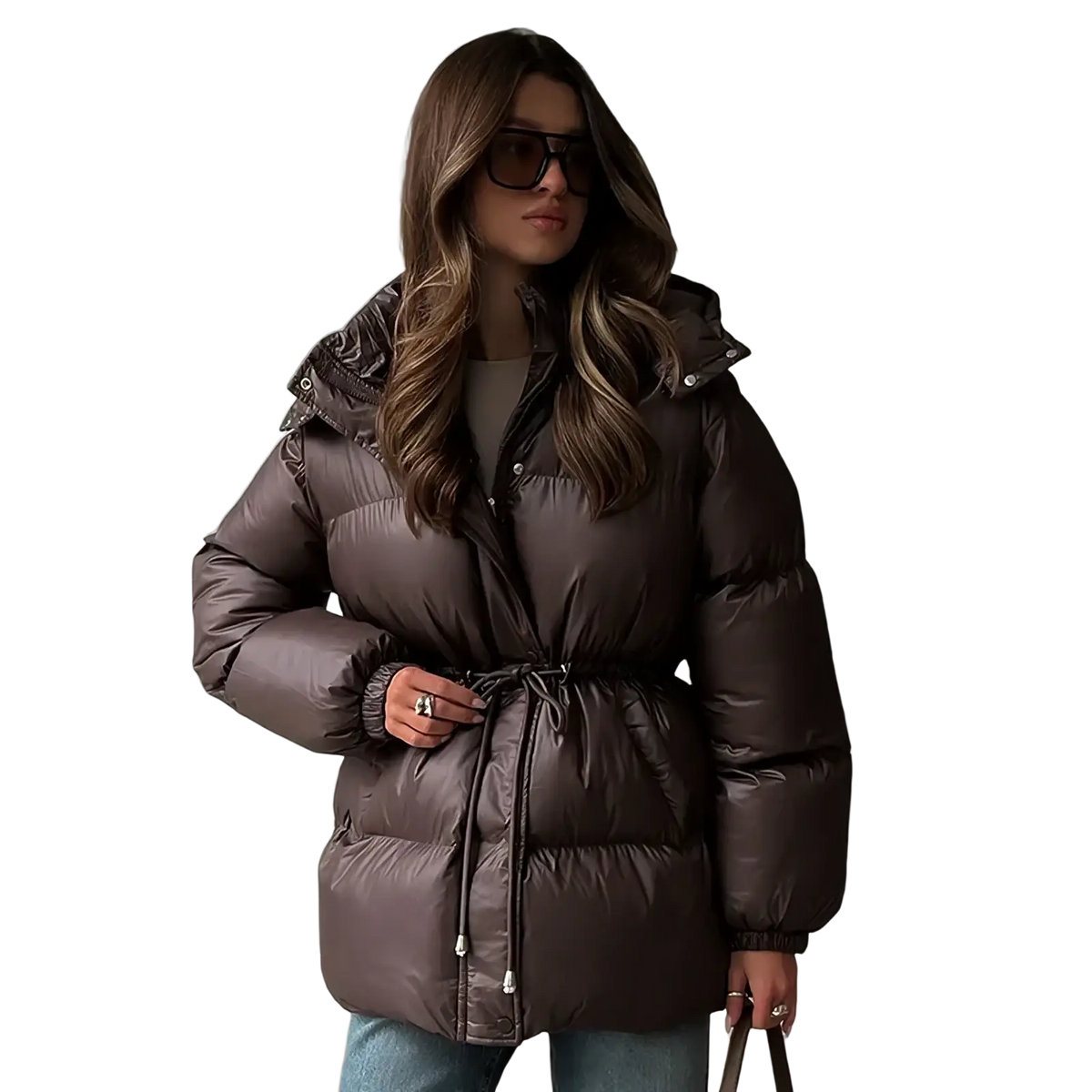Women hooded winter parka puffer jacket in sleek dark brown with quilted design and drawstring waist for warmth
