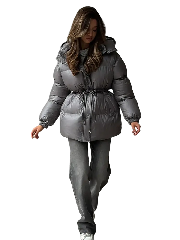 Women hooded winter parka puffer jacket in sleek metallic gray with hood and drawstring waistband for cold weather