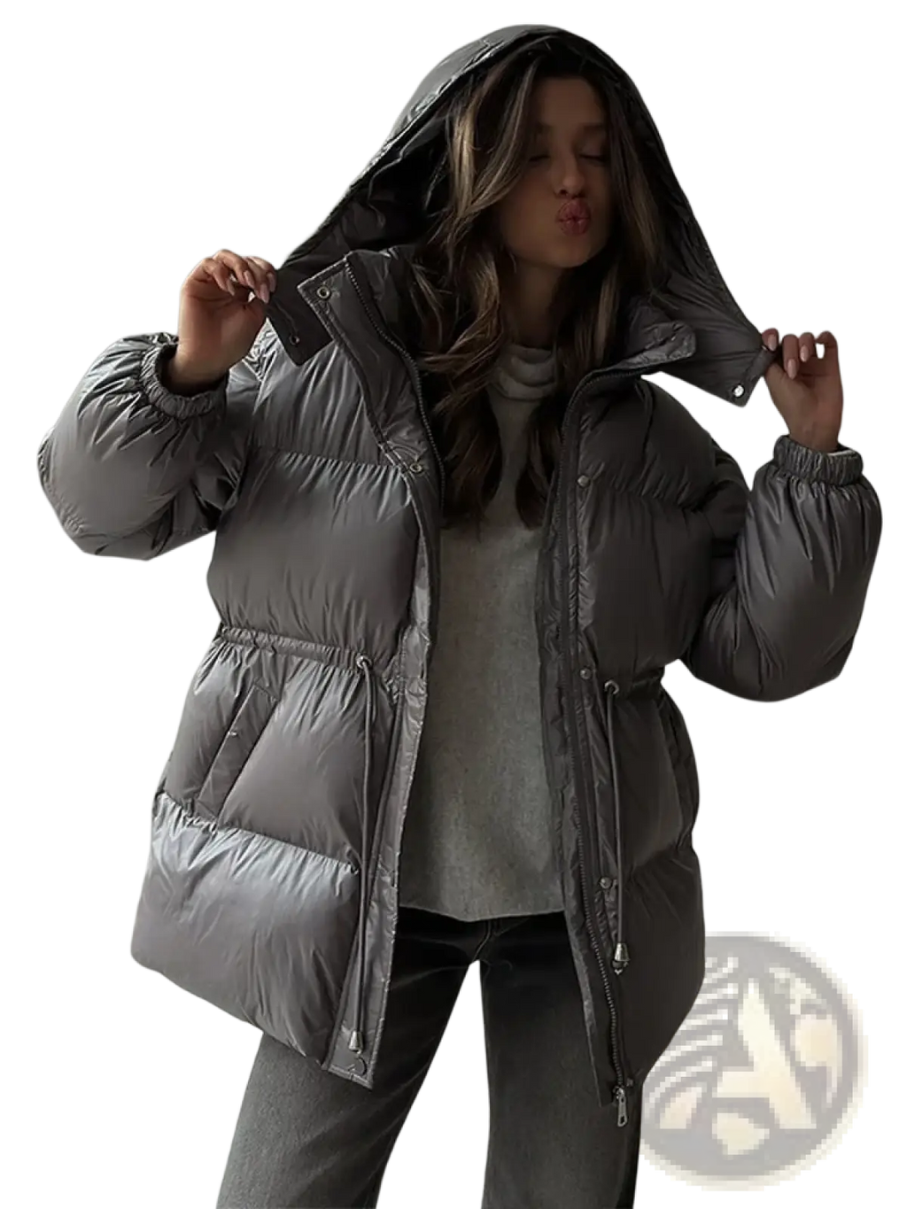 A sleek metallic gray women hooded winter parka puffer jacket with hood and elastic cuffs made of insulated material