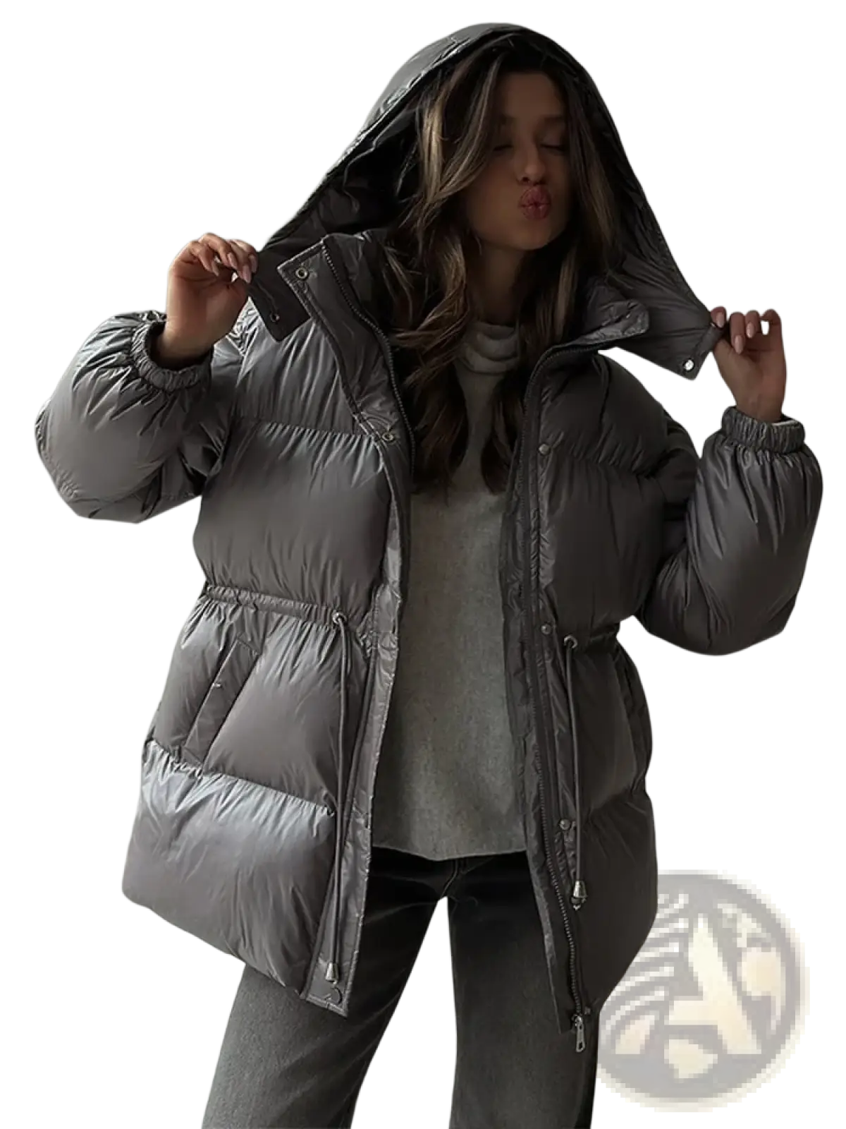 A sleek metallic gray women hooded winter parka puffer jacket with hood and elastic cuffs made of insulated material