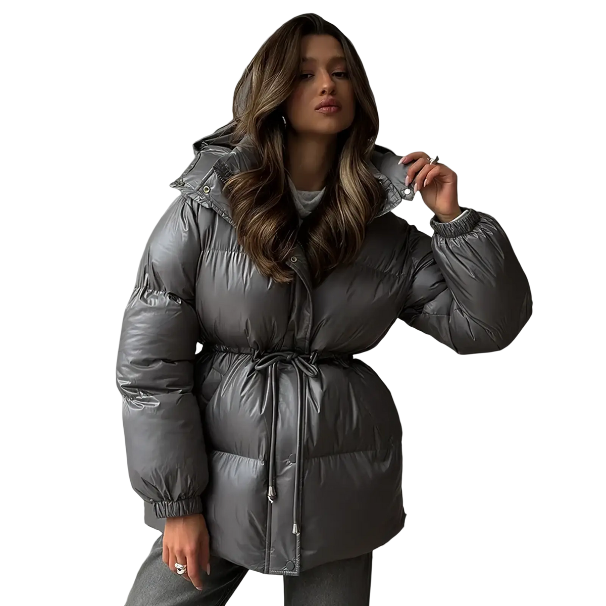 Women hooded winter parka puffer jacket in sleek metallic gray with belted waist and quilted design