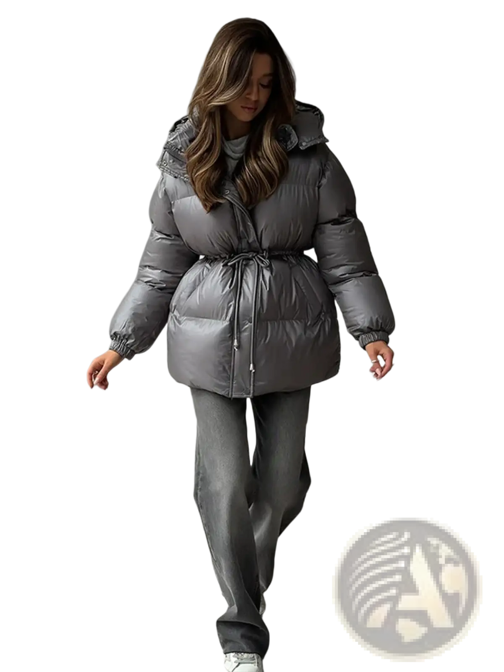 Women hooded winter parka puffer jacket in sleek metallic gray with hood and drawstring waistband for cold weather