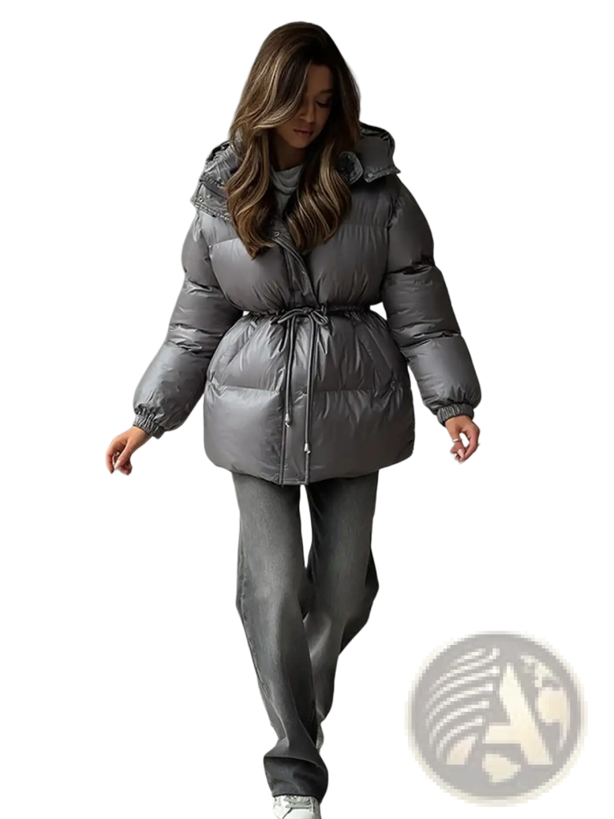 Women hooded winter parka puffer jacket in sleek metallic gray with hood and drawstring waistband for cold weather