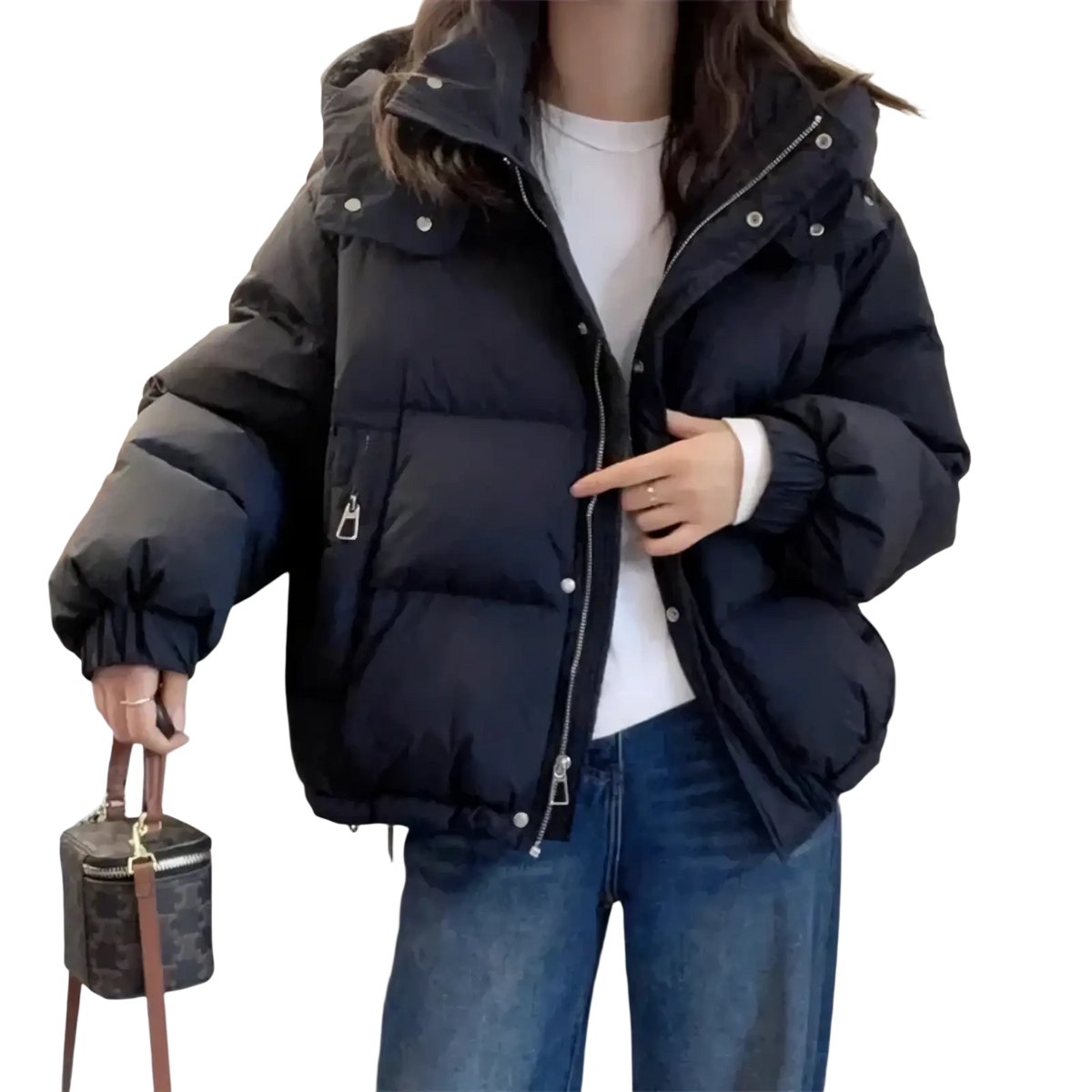 Women hooded winter puffer jacket in black with silver zippers button closures and a warm insulated hood