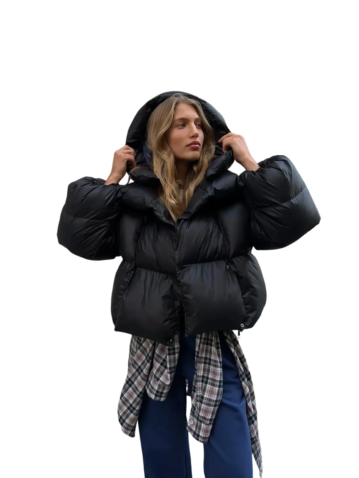 Black women hooded winter puffer jacket with quilted design and insulated material for cold weather protection