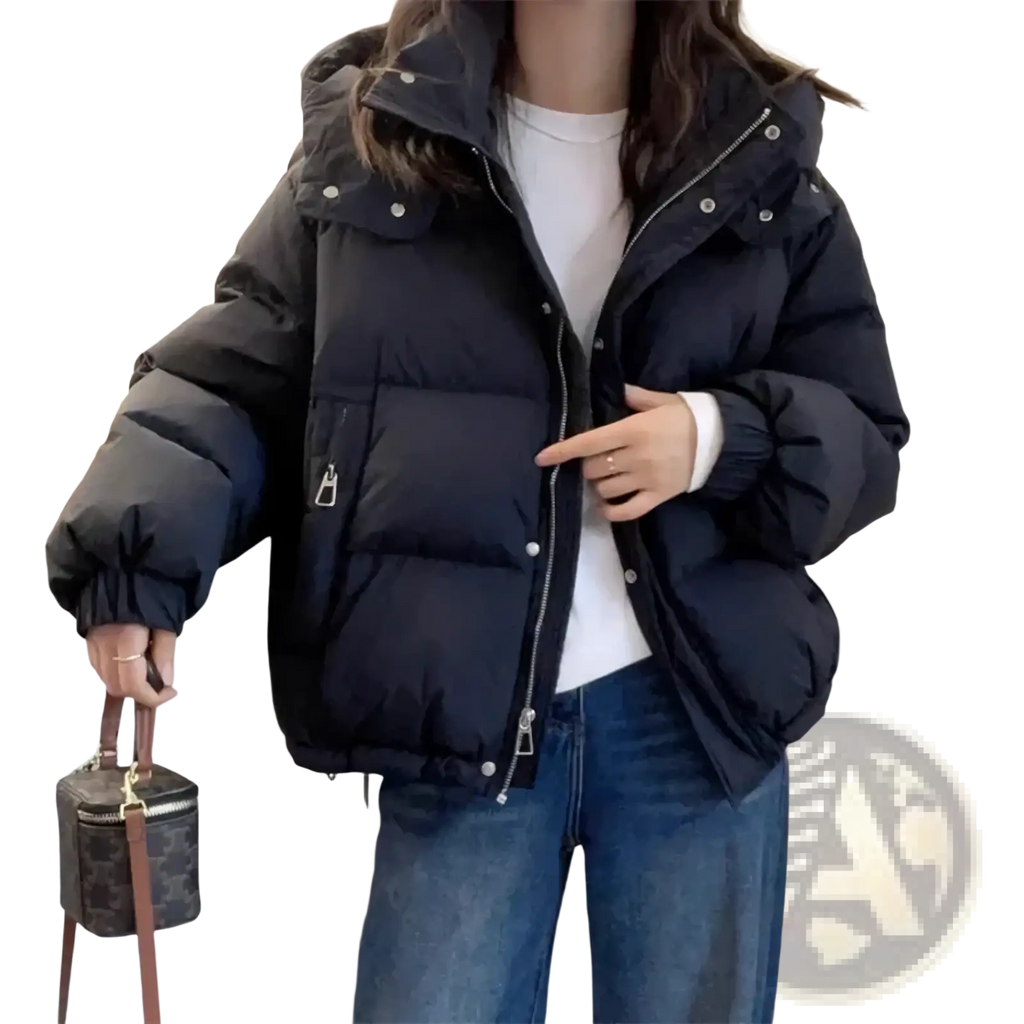 Women hooded winter puffer jacket in black with silver zippers button closures and a warm insulated hood