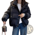 Women hooded winter puffer jacket in black with silver zippers button closures and a warm insulated hood