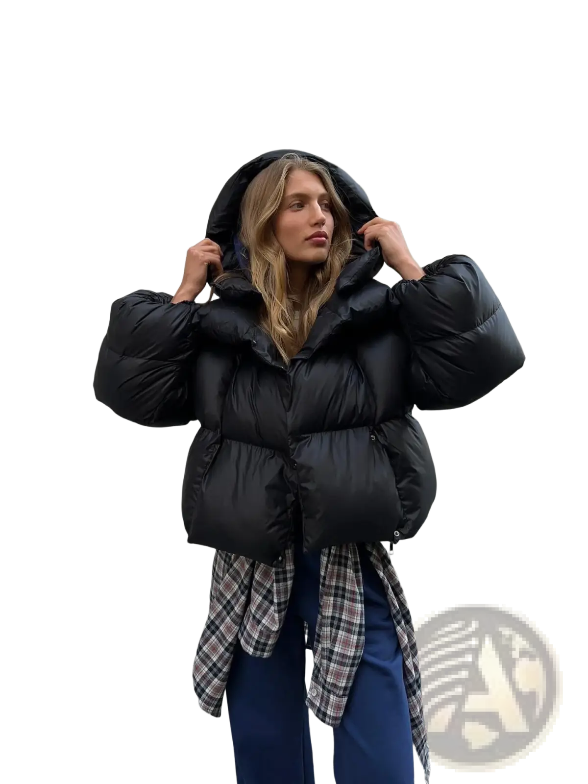 Black women hooded winter puffer jacket with quilted design and insulated material for cold weather protection