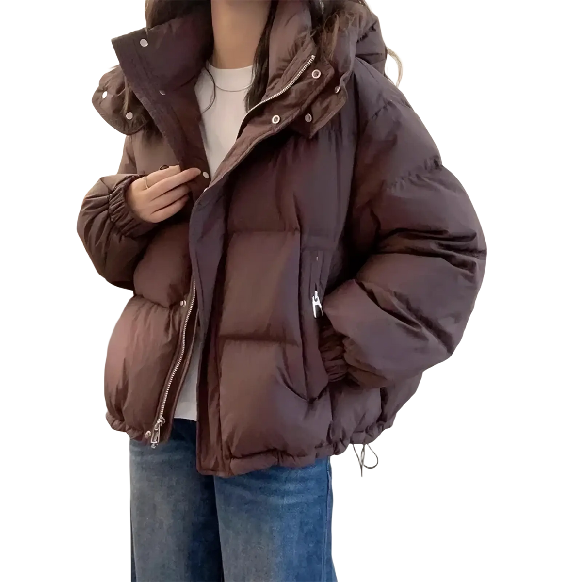 Women hooded winter puffer jacket in dark brown with a hood and silver zippers for cold weather comfort