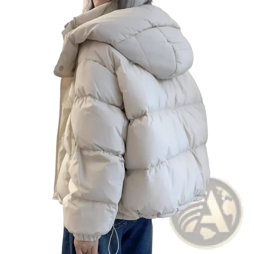 Women hooded winter puffer jacket in off-white quilted material with plush hood and elastic cuffs for warmth