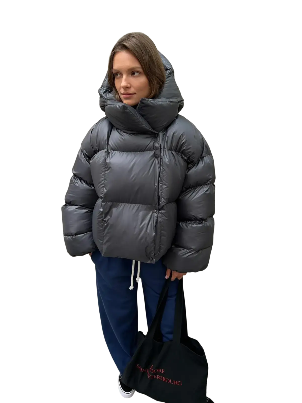 Gray women hooded winter puffer jacket with high quilted collar and shiny nylon finish for cold weather wear