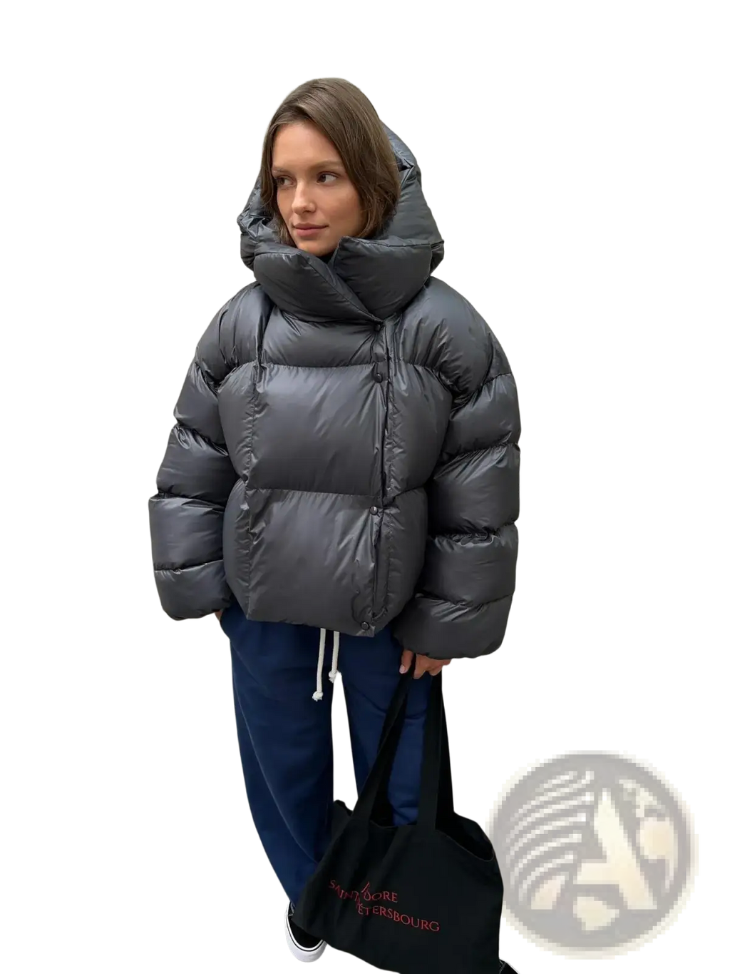 Gray women hooded winter puffer jacket with high quilted collar and shiny nylon finish for cold weather wear