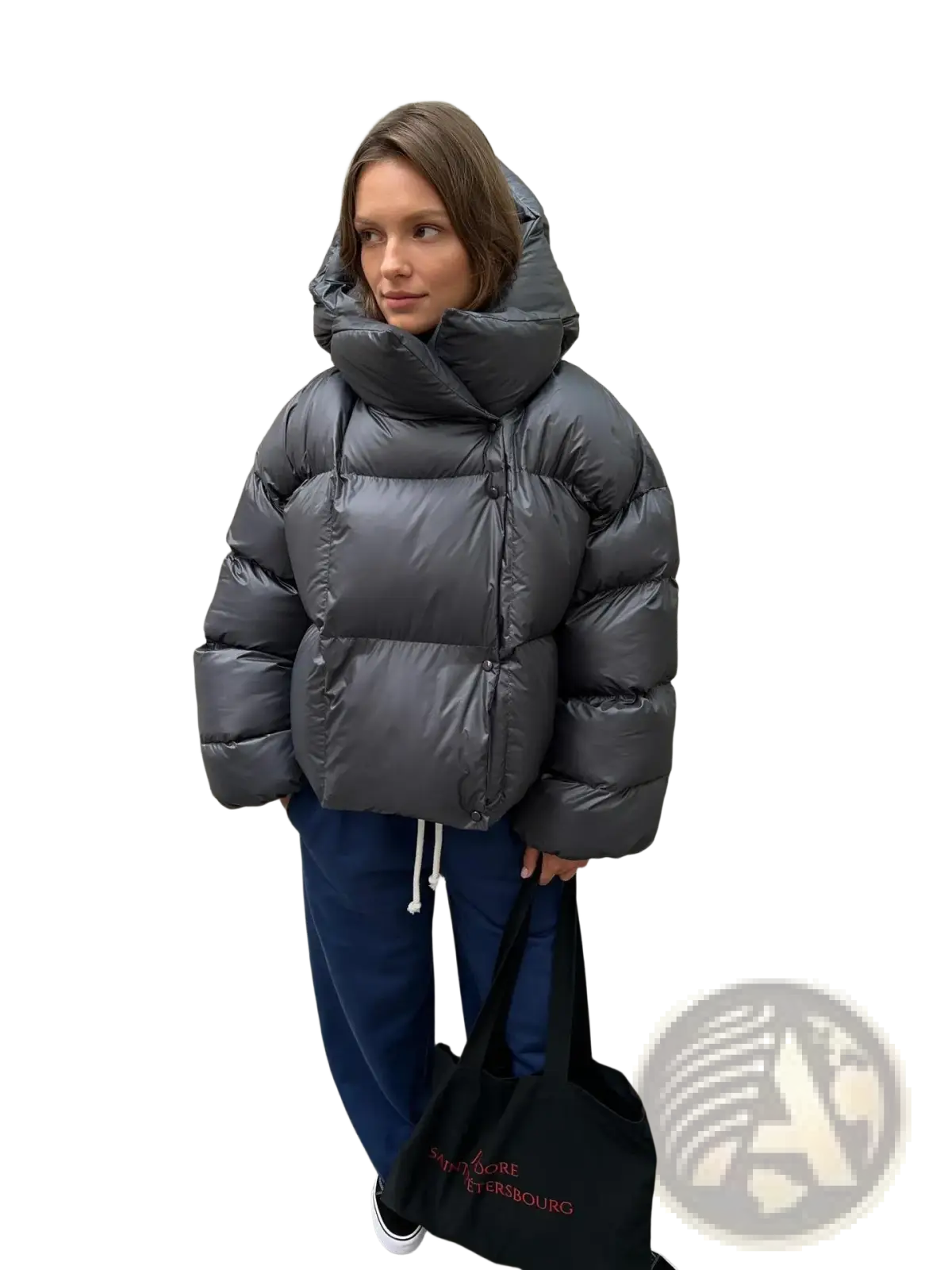 Gray women hooded winter puffer jacket with high quilted collar and shiny nylon finish for cold weather wear
