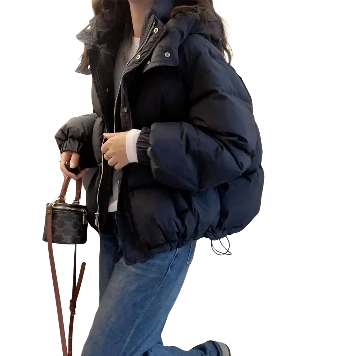 Women hooded winter puffer jacket in navy blue with ribbed cuffs designed for cold weather insulation