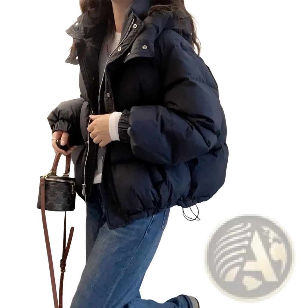 Women hooded winter puffer jacket in navy blue with ribbed cuffs designed for cold weather insulation
