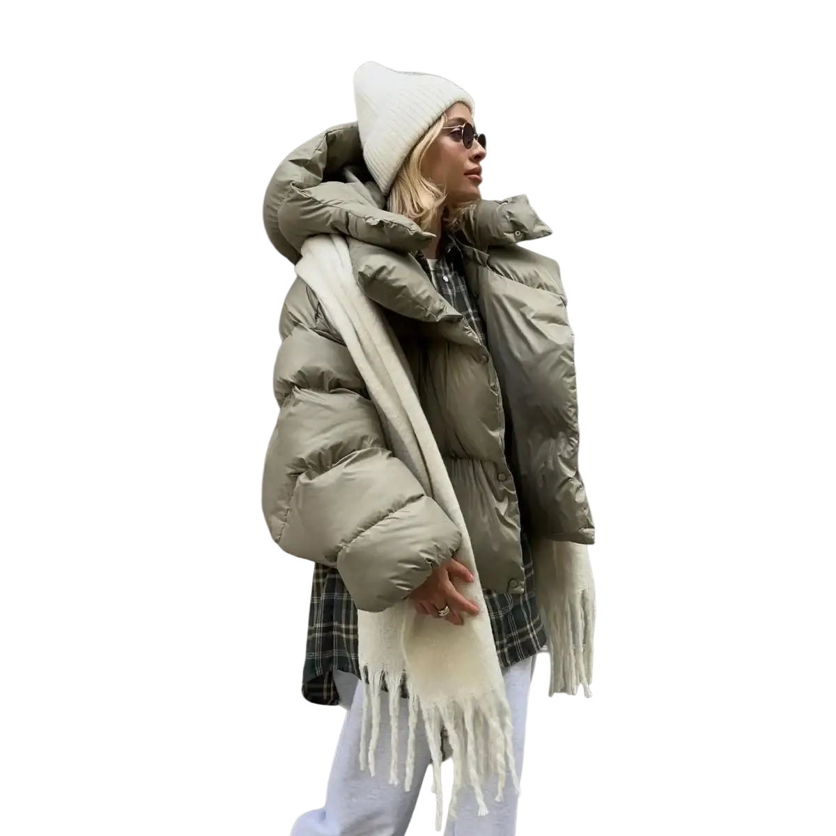 Olive green women hooded winter puffer jacket with quilted design and hood for cold weather insulation