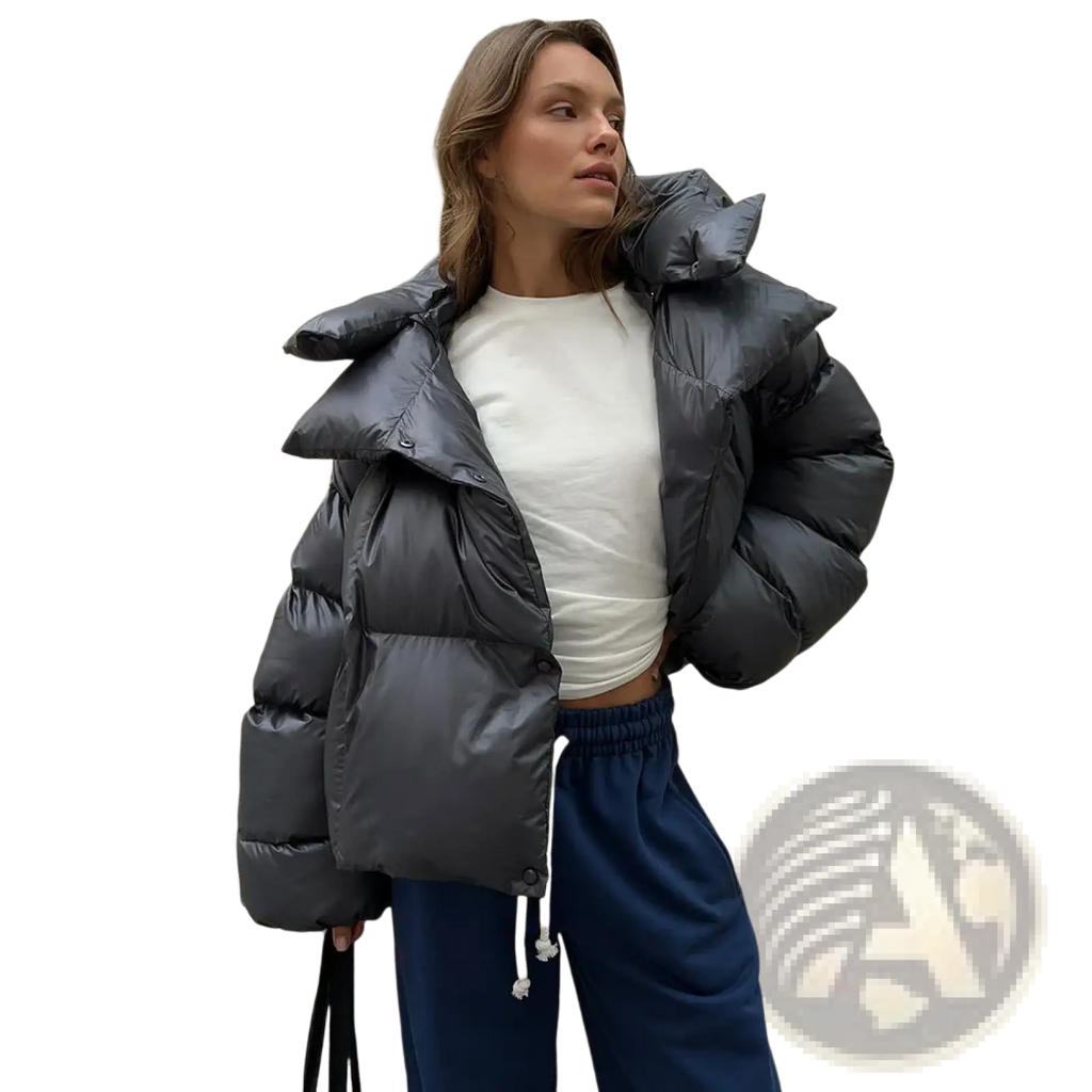 Women hooded winter puffer jacket in sleek dark gray with quilted design and voluminous hood for cold weather