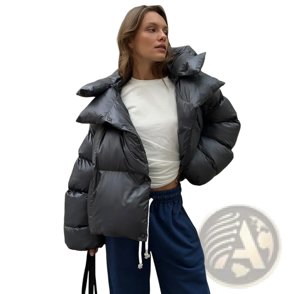 Women hooded winter puffer jacket in sleek dark gray with quilted design and voluminous hood for cold weather