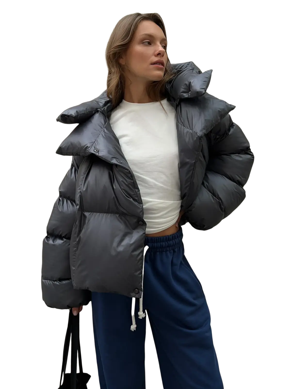 Women hooded winter puffer jacket in sleek dark gray with glossy finish and oversized quilted design for cold weather