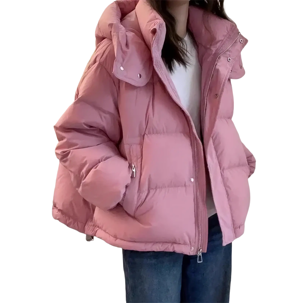 A soft pink women hooded winter puffer jacket with quilted design and detachable hood for cold weather use