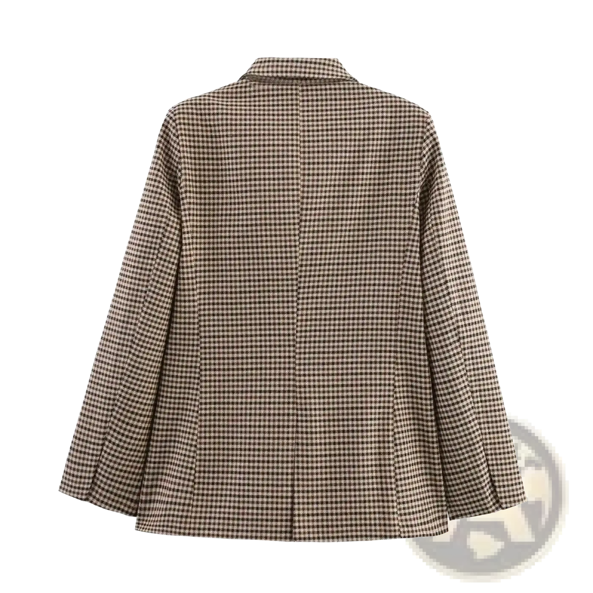 Women houndstooth plaid blazer double breasted jacket in beige and black with classic collar and flared sleeves