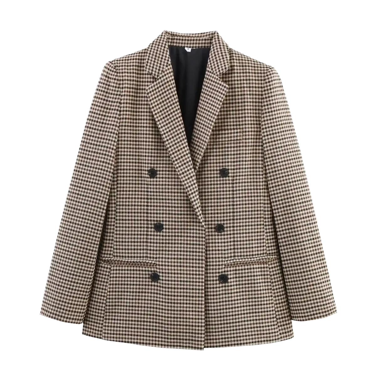 Women houndstooth plaid double breasted blazer in beige and black with dark buttons for formal wear