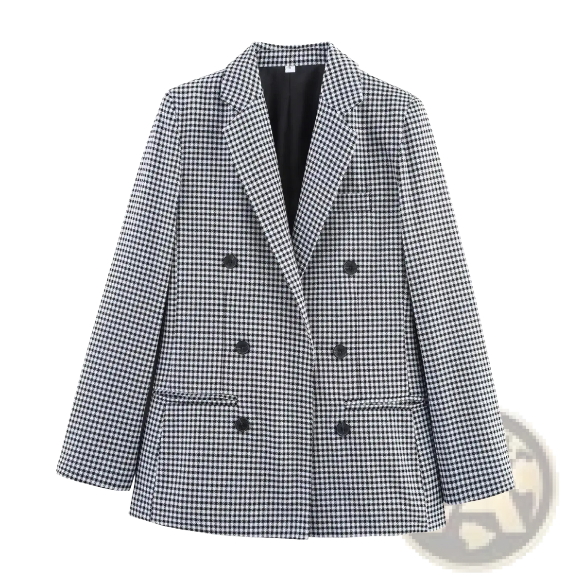 Women houndstooth plaid double breasted blazer in black and white with black buttons for formal wear