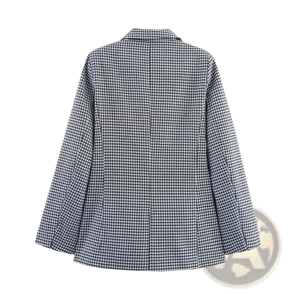 Women houndstooth plaid double breasted blazer in black and white with classic collar for formal wear