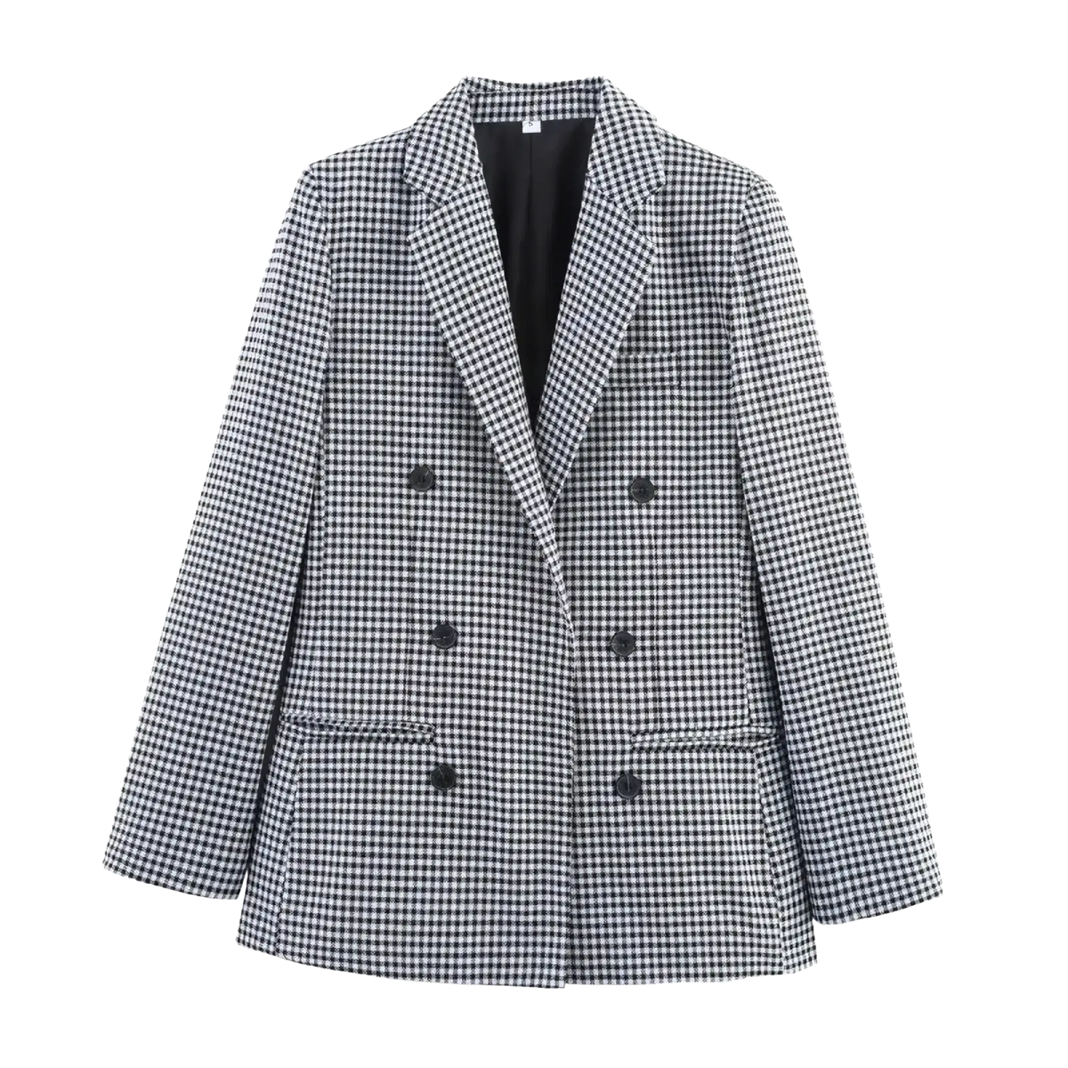 Women houndstooth plaid double breasted blazer in black and white with black buttons for formal wear