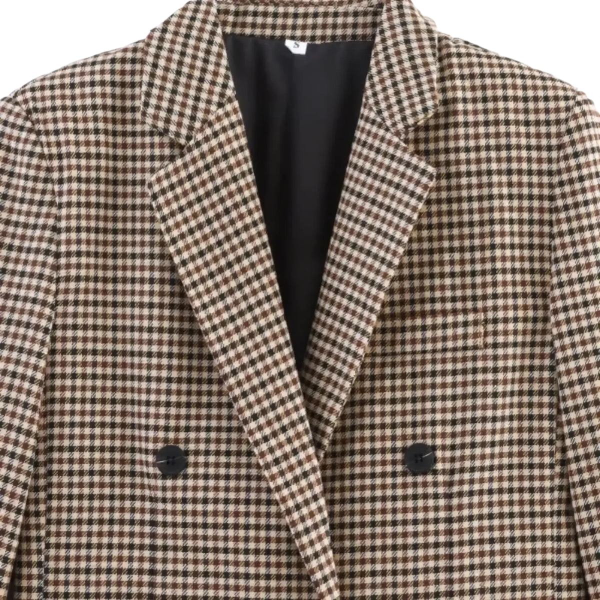 Women houndstooth plaid double breasted blazer in brown and beige with black buttons for formal wear