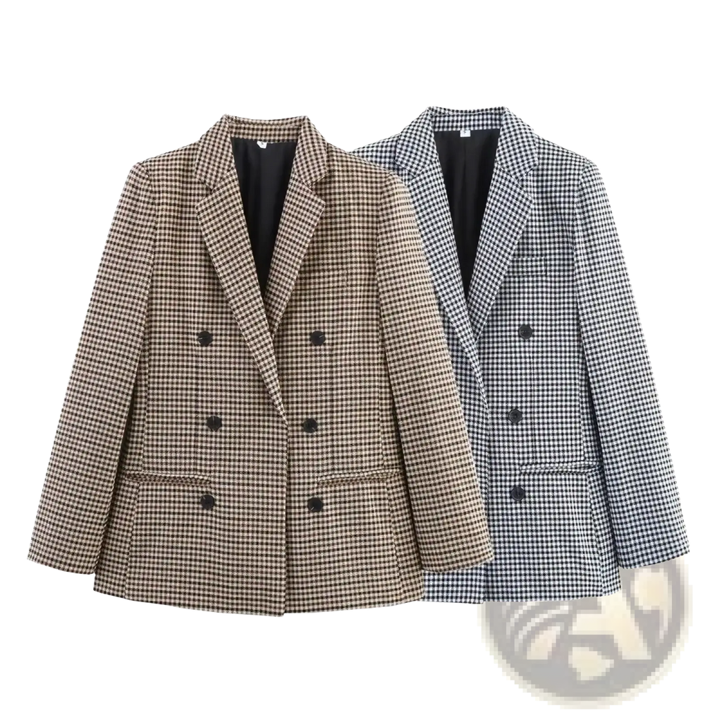 Two women houndstooth plaid double breasted blazers in beige black and white black classic pattern