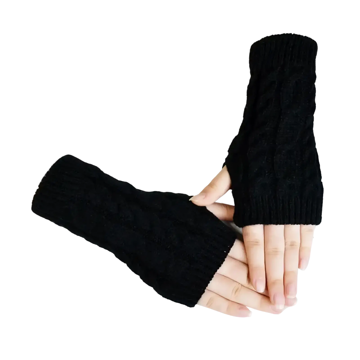 Black knit fingerless gloves with cable knit pattern for women winter use showing back side of knit fingerless gloves