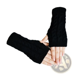 Black knitted fingerless gloves with cable knit pattern designed for women winter use in warm mittens style