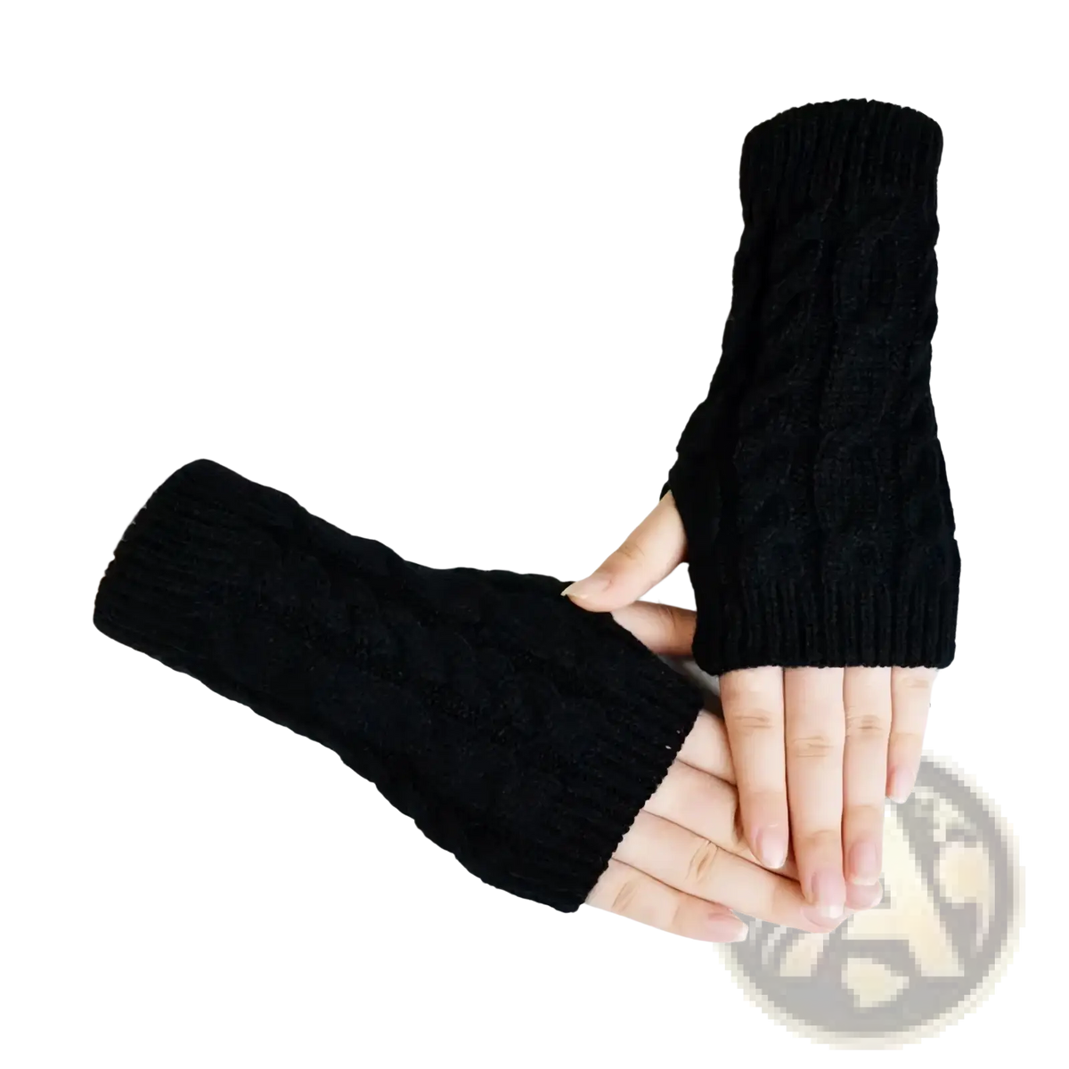 Black knitted fingerless gloves with cable knit pattern designed for women winter use in warm mittens style