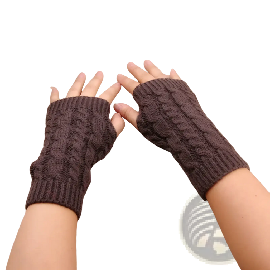 Brown knitted fingerless gloves with cable knit pattern designed for women winter use made of warm material