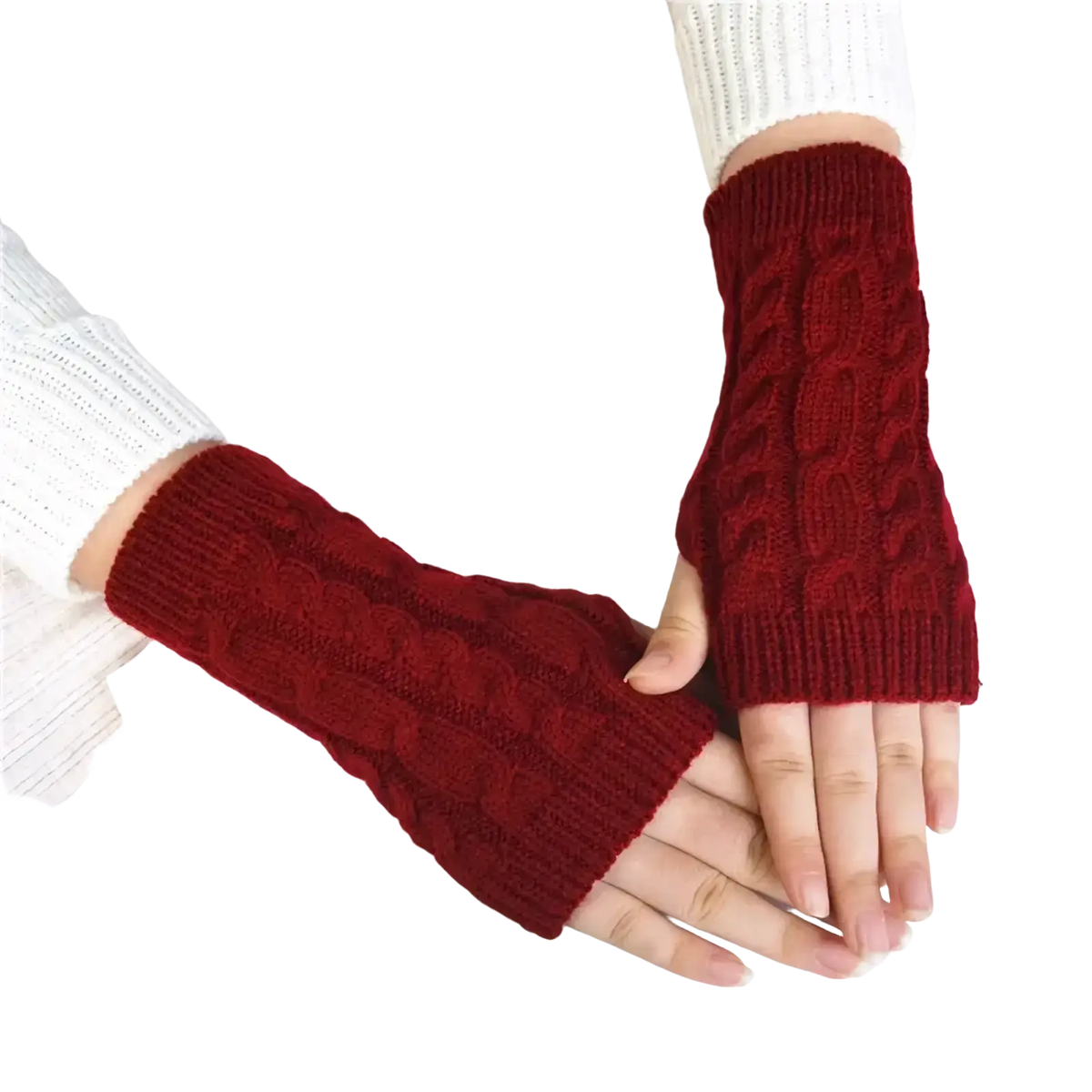 Crimson cable knit fingerless gloves with ribbed cuff and textured pattern for women knit fingerless gloves winter use