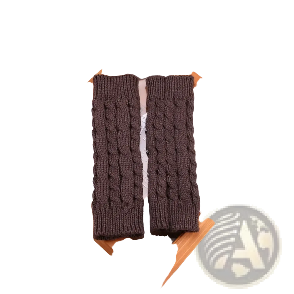 Dark brown knitted women fingerless gloves with textured cable knit pattern for winter warmth and style