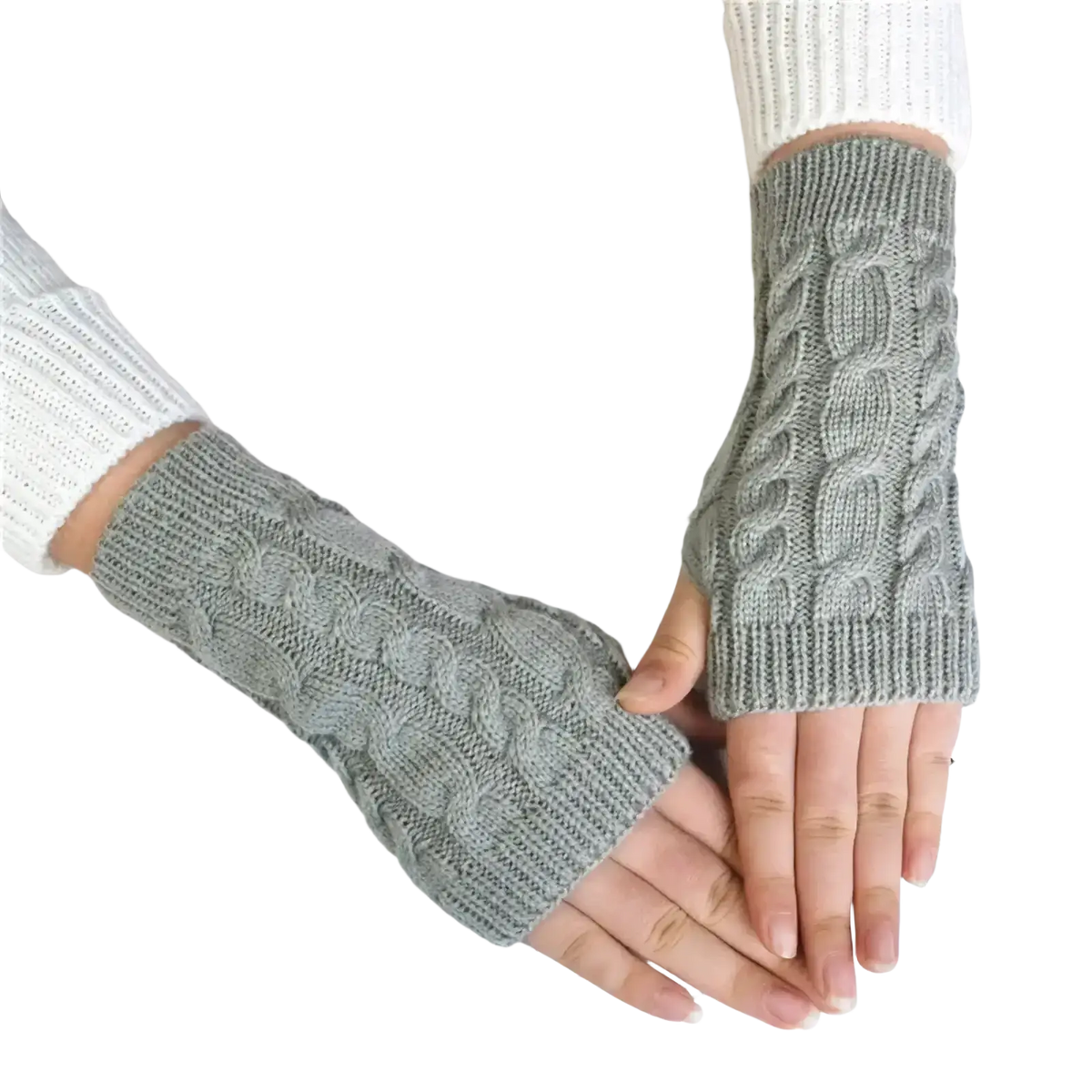 Gray cable knit fingerless gloves worn on hands knit fingerless gloves perfect for winter use