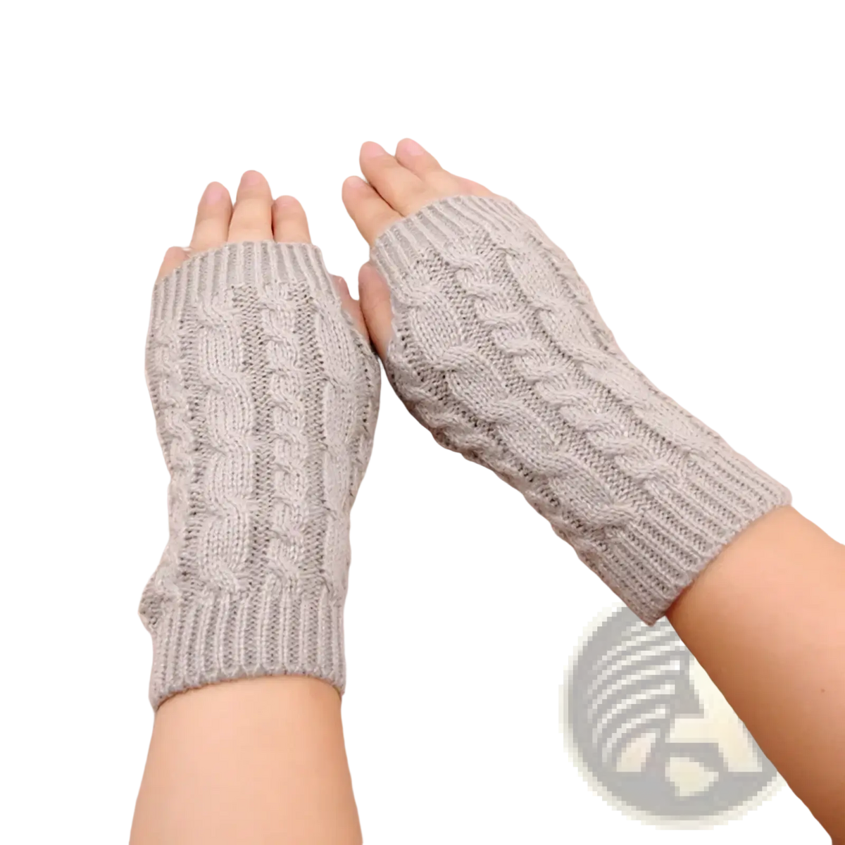 Gray knit fingerless gloves with cable knit pattern made for women for winter use showing the back side
