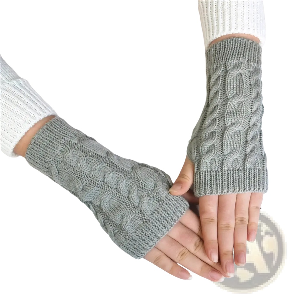 Women knit fingerless gloves in gray cable knit wool blend designed for winter warmth and finger mobility
