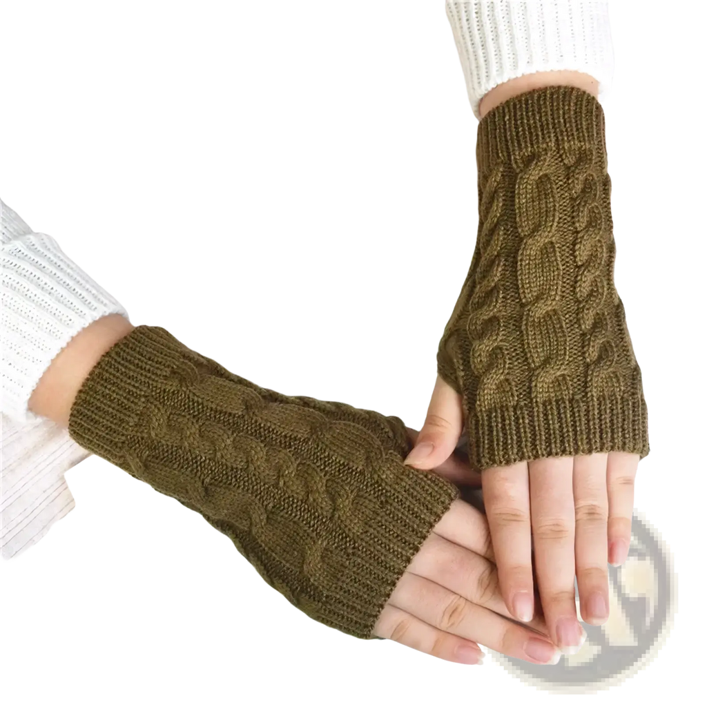Olive green women knit fingerless gloves with cable knit pattern made of wool for winter use showing back side