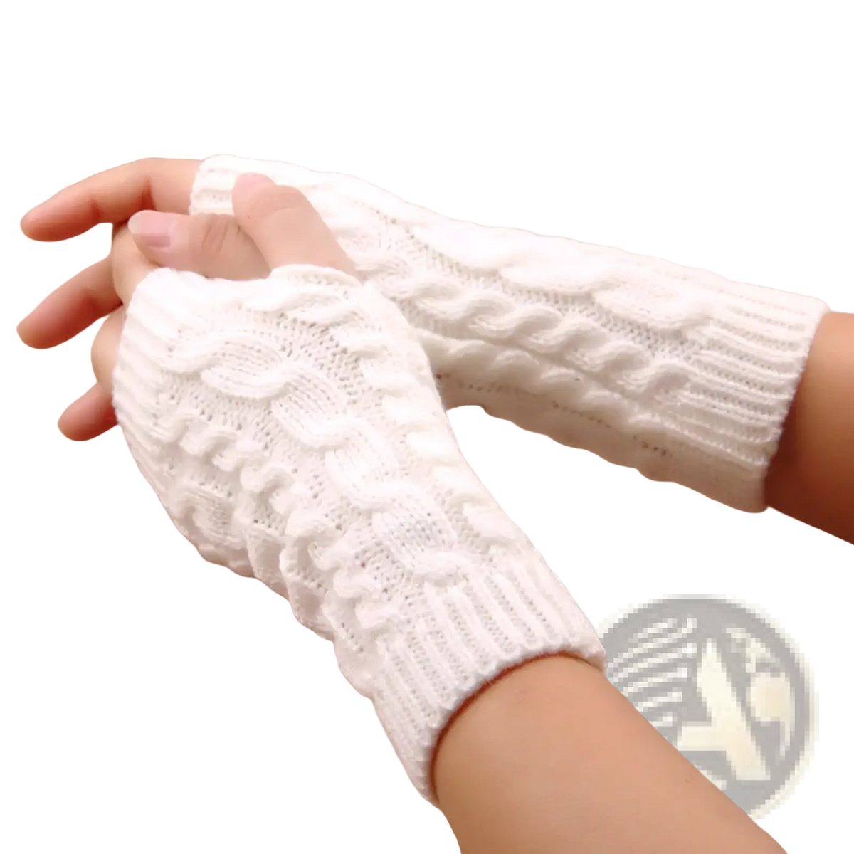 White knitted women knit fingerless gloves with cable knit pattern and ribbed cuffs for winter use