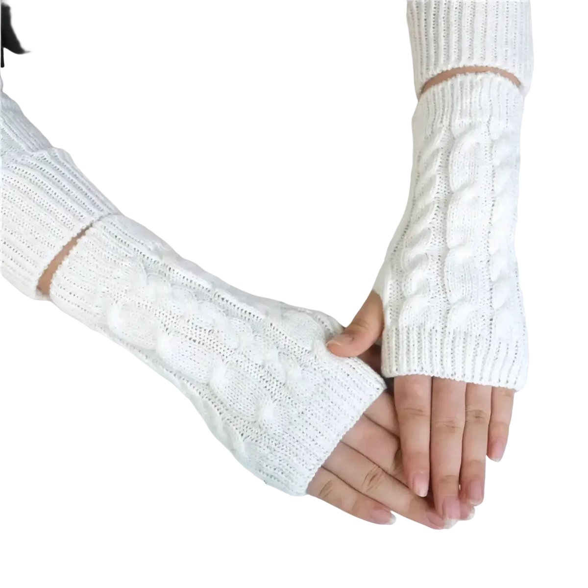 White knit fingerless gloves with cable knit pattern and pom-pom accents for women winter use