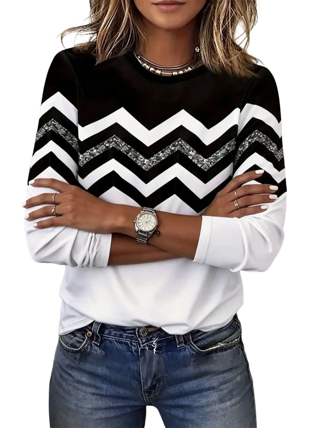 Women knit top in black and white chevron pattern with glittery zigzag accents featuring a slimming design and lightweight knit