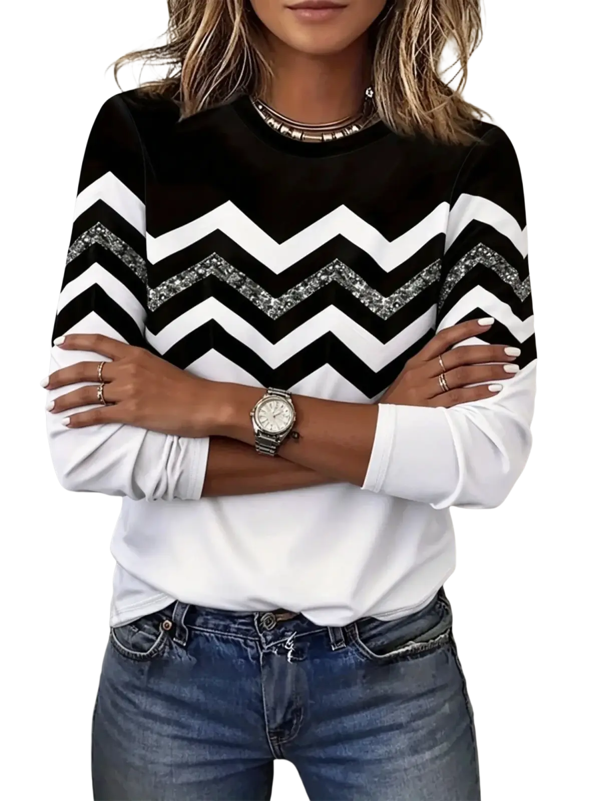 Women knit top in black and white chevron pattern with glittery zigzag accents featuring a slimming design and lightweight knit