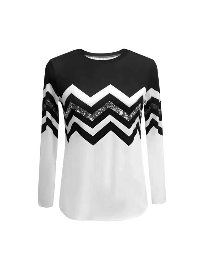 Women knit top in black and white with bold zigzag and glittery silver accents featuring slimming design and lightweight knit