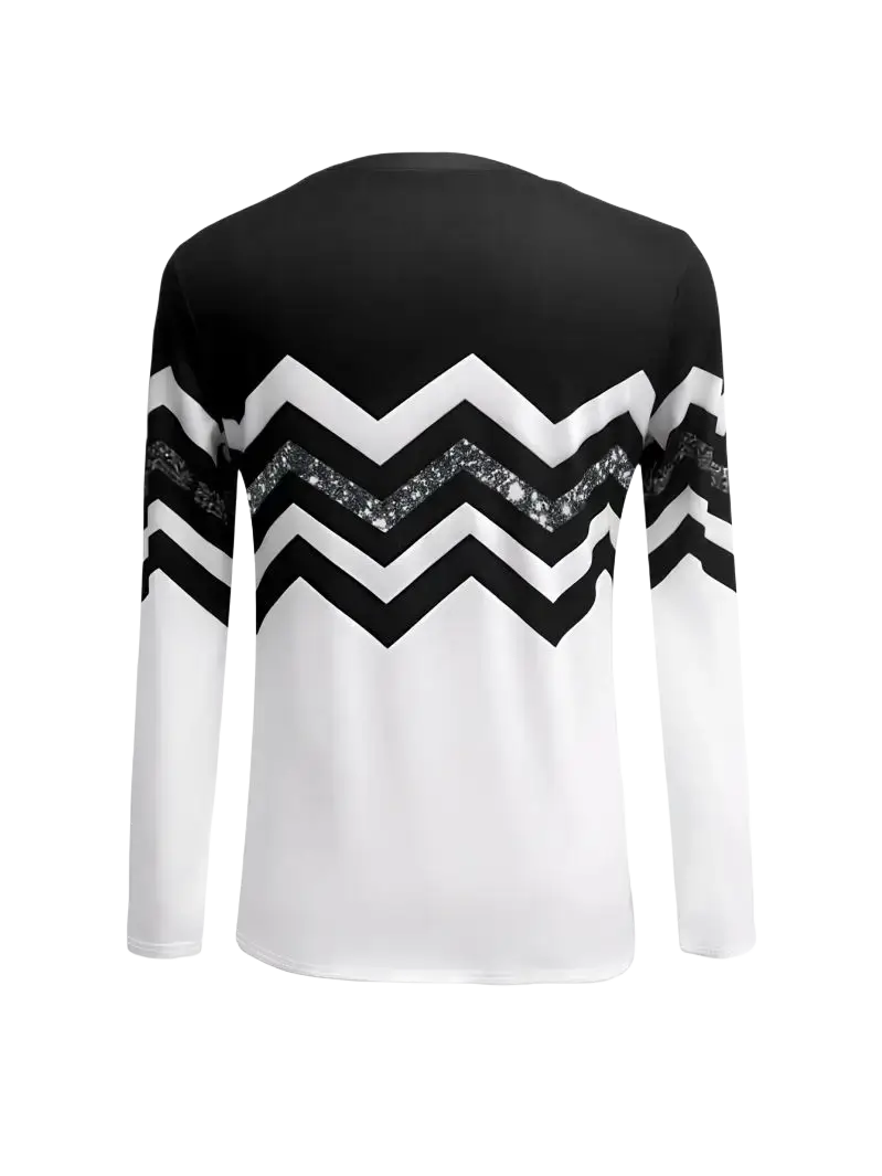 Back view of black and white lightweight knit women knit top with slimming design and glittery silver zigzag accents