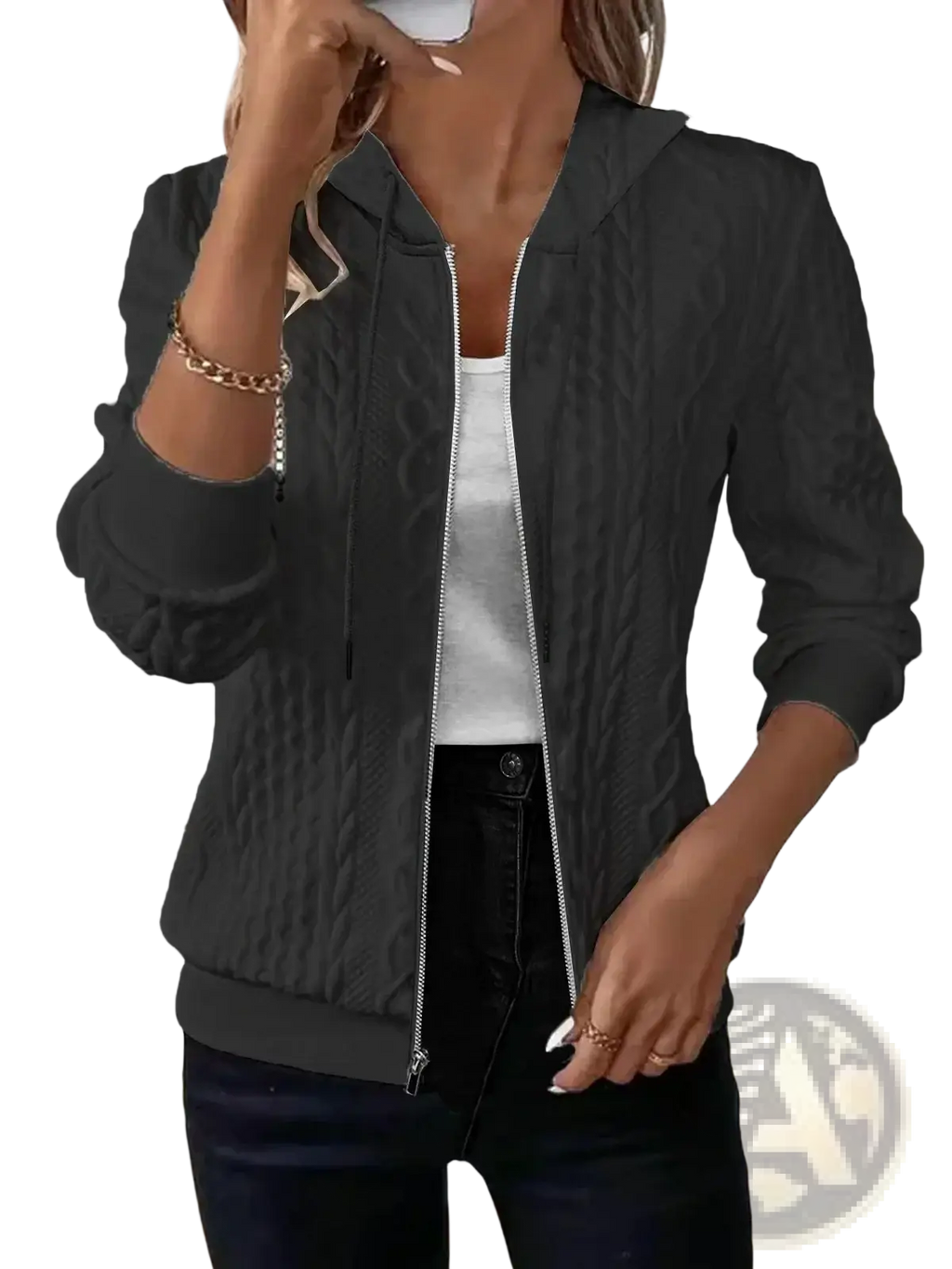 Black cable-knit hooded jacket with silver zipper and drawstring knit zip up hoodie for casual wear