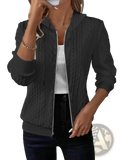 Black cable-knit hooded jacket with silver zipper and drawstring knit zip up hoodie for casual wear